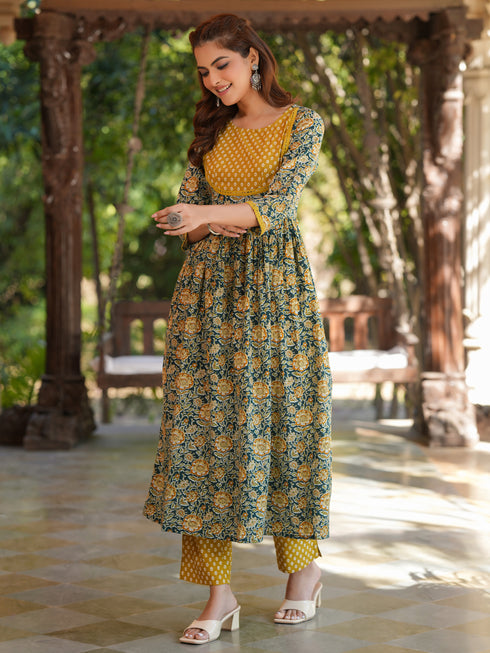 Bottle Green Pure Cotton Floral Printed A-line Kurta Pant Set